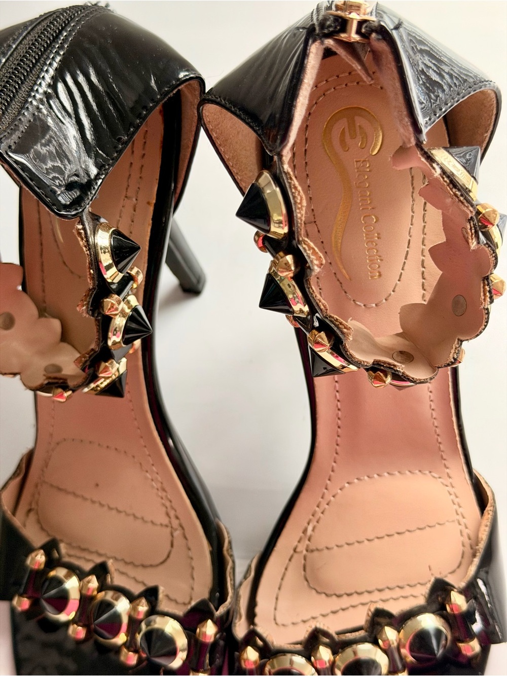 Elegant Collection Black Patent Studded High Heels 4” Size 8.